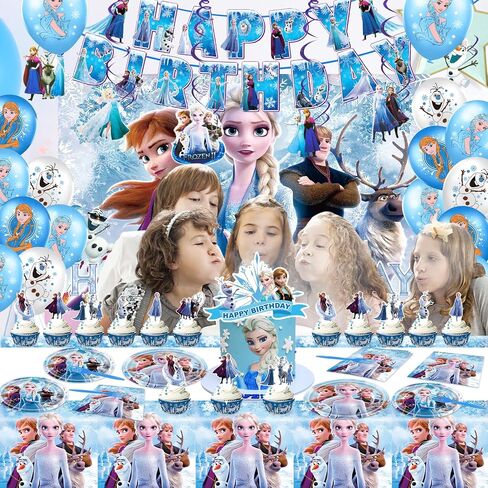 Frozen Birthday Party Supplies, Frozen Party Decorations&Tableware Set Include Happy Birthday Banner, Hanging Swirl, Balloons, Backdrop, Cake & Cupcake Topper, Plates, Napkins, Tablecloth in Saudi Arabia