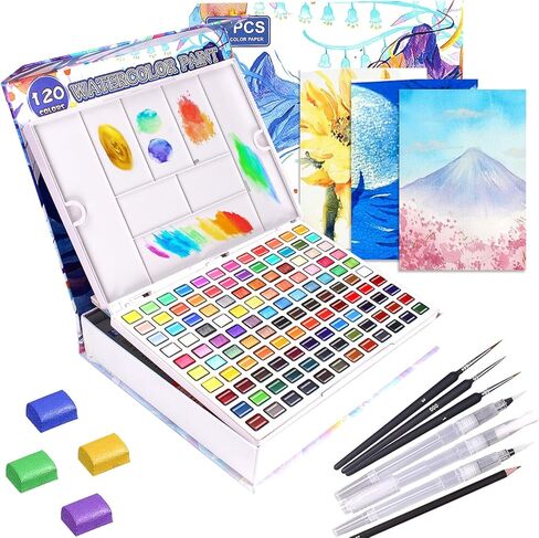 Gunsamg Watercolor Paint Set, 100 Colors Painting with Water Brush Pens, Professional Watercolor Paint Set for Kids, Adults, Art Supplies. 54 Premium Colors, 10 Fluorescent Colors, 36 Metallic Colors. in Kuwait