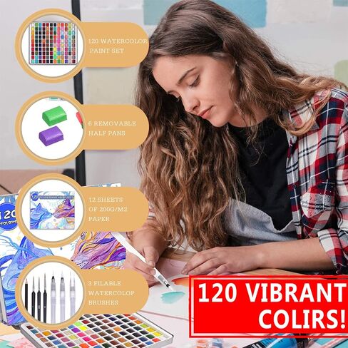 Gunsamg Watercolor Paint Set, 100 Colors Painting with Water Brush Pens, Professional Watercolor Paint Set for Kids, Adults, Art Supplies. 54 Premium Colors, 10 Fluorescent Colors, 36 Metallic Colors. in Kuwait