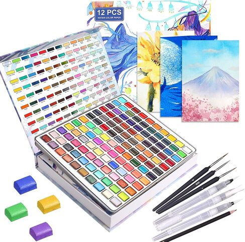 Gunsamg Watercolor Paint Set, 100 Colors Painting with Water Brush Pens, Professional Watercolor Paint Set for Kids, Adults, Art Supplies. 54 Premium Colors, 10 Fluorescent Colors, 36 Metallic Colors. in Kuwait