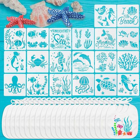 مجموعة استنسل مخلوقات البحر والمحيط مكونة من 40 قطعة، قوالب رسم حيوانات بحرية قابلة لإعادة الاستخدام، تتضمن استنسلات حرفية حورية البحر، ومرايل بيضاء لألعاب استحمام الطفل، وجدران خشبية، وصخور، وطلاء قماشي in Kuwait