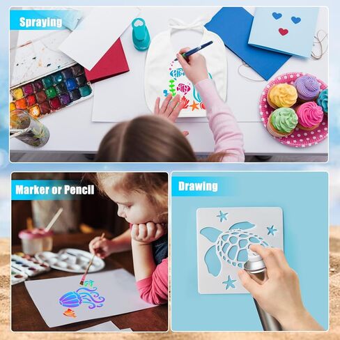 مجموعة استنسل مخلوقات البحر والمحيط مكونة من 40 قطعة، قوالب رسم حيوانات بحرية قابلة لإعادة الاستخدام، تتضمن استنسلات حرفية حورية البحر، ومرايل بيضاء لألعاب استحمام الطفل، وجدران خشبية، وصخور، وطلاء قماشي in Kuwait