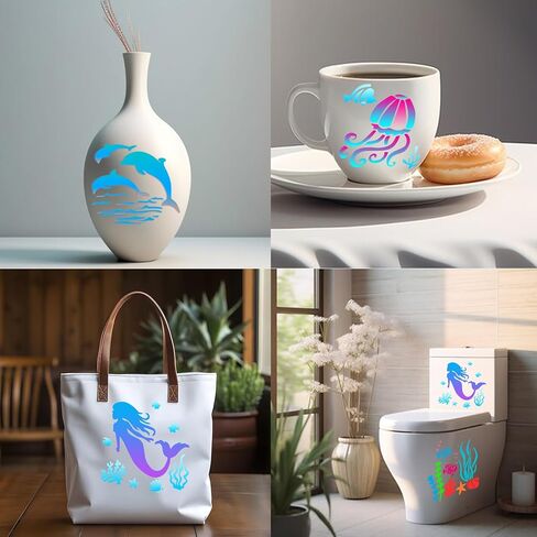 مجموعة استنسل مخلوقات البحر والمحيط مكونة من 40 قطعة، قوالب رسم حيوانات بحرية قابلة لإعادة الاستخدام، تتضمن استنسلات حرفية حورية البحر، ومرايل بيضاء لألعاب استحمام الطفل، وجدران خشبية، وصخور، وطلاء قماشي in Kuwait