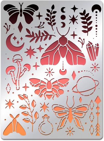 BENECREAT Magical Moths Stencil, Butterfly Mushroom Leaf Templates Stencil for Engraving Wood and Patterns, Lettering, Stainless Steel Journal Stencils, 5.5x7.5" in Saudi Arabia