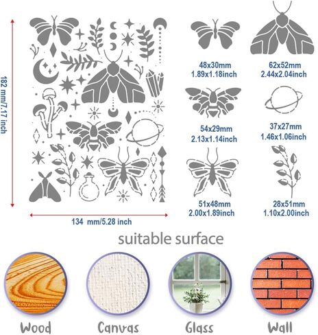 BENECREAT Magical Moths Stencil, Butterfly Mushroom Leaf Templates Stencil for Engraving Wood and Patterns, Lettering, Stainless Steel Journal Stencils, 5.5x7.5" in Saudi Arabia