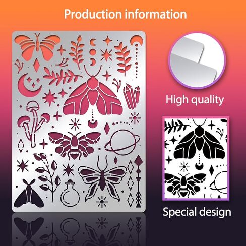 BENECREAT Magical Moths Stencil, Butterfly Mushroom Leaf Templates Stencil for Engraving Wood and Patterns, Lettering, Stainless Steel Journal Stencils, 5.5x7.5" in Saudi Arabia