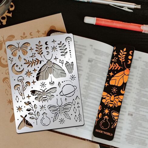 BENECREAT Magical Moths Stencil, Butterfly Mushroom Leaf Templates Stencil for Engraving Wood and Patterns, Lettering, Stainless Steel Journal Stencils, 5.5x7.5" in Saudi Arabia