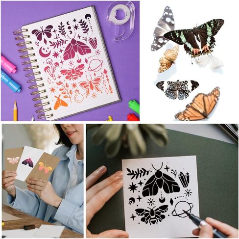 BENECREAT Magical Moths Stencil, Butterfly Mushroom Leaf Templates Stencil for Engraving Wood and Patterns, Lettering, Stainless Steel Journal Stencils, 5.5x7.5" in Saudi Arabia