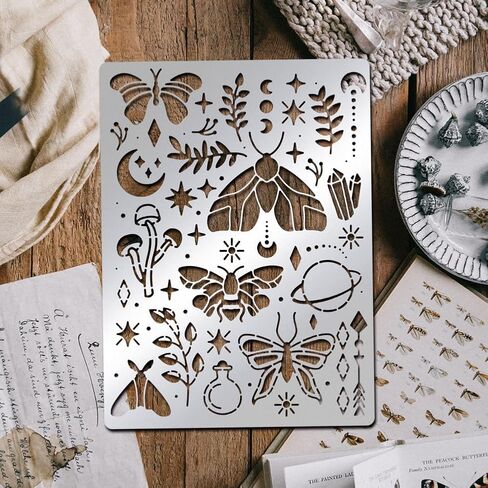 BENECREAT Magical Moths Stencil, Butterfly Mushroom Leaf Templates Stencil for Engraving Wood and Patterns, Lettering, Stainless Steel Journal Stencils, 5.5x7.5" in Saudi Arabia