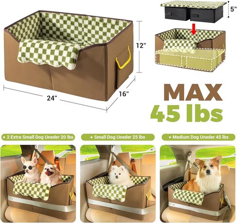 Elevated Dog Car Seat for Medium Sized Dog Under 45 lbs or 2 Dogs Under 25 lbs,Bucket Pet Booster Seat for Front and Back Seat to See Out Window,Funny Fuzzy Dog Bed Car Seat(Dark Brown+Green Plaid) in Kuwait