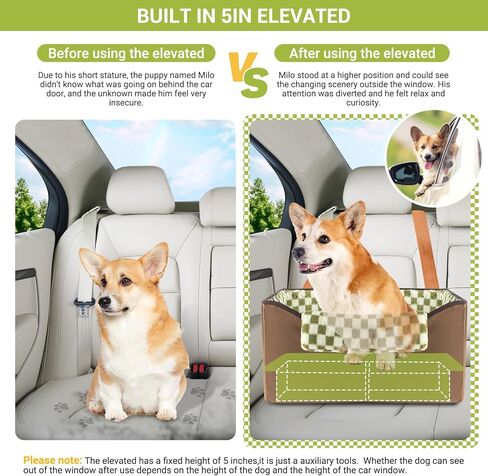 Elevated Dog Car Seat for Medium Sized Dog Under 45 lbs or 2 Dogs Under 25 lbs,Bucket Pet Booster Seat for Front and Back Seat to See Out Window,Funny Fuzzy Dog Bed Car Seat(Dark Brown+Green Plaid) in Kuwait