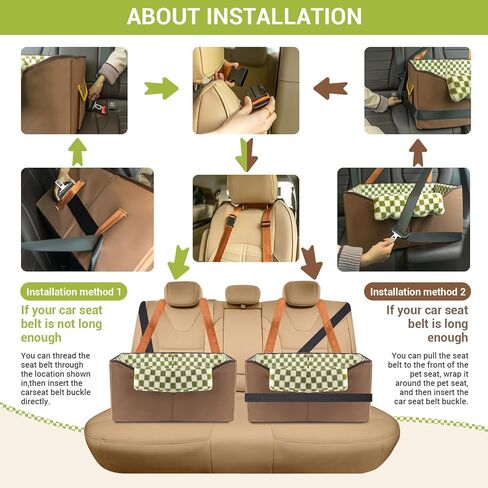 Elevated Dog Car Seat for Medium Sized Dog Under 45 lbs or 2 Dogs Under 25 lbs,Bucket Pet Booster Seat for Front and Back Seat to See Out Window,Funny Fuzzy Dog Bed Car Seat(Dark Brown+Green Plaid) in Kuwait