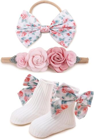 cherrboll Girl Headbands and Socks Set, 3Pcs Soft Floral Hairbands Knit Socks for Baby Newborn Infant Toddler Photography Props in Saudi Arabia