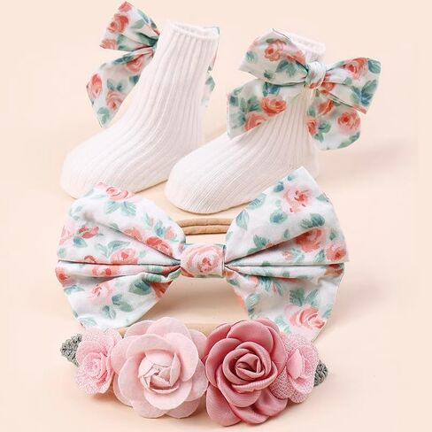 cherrboll Girl Headbands and Socks Set, 3Pcs Soft Floral Hairbands Knit Socks for Baby Newborn Infant Toddler Photography Props in Saudi Arabia