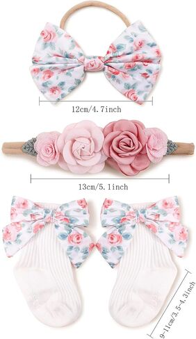 cherrboll Girl Headbands and Socks Set, 3Pcs Soft Floral Hairbands Knit Socks for Baby Newborn Infant Toddler Photography Props in Saudi Arabia