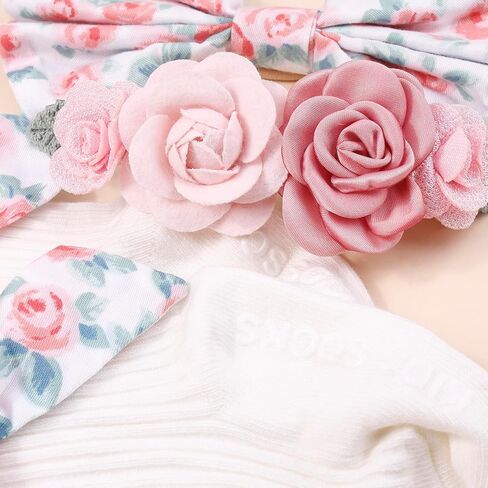 cherrboll Girl Headbands and Socks Set, 3Pcs Soft Floral Hairbands Knit Socks for Baby Newborn Infant Toddler Photography Props in Saudi Arabia