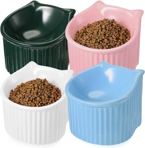 Uiifan 4 Pcs Ceramic Cat Bowl Elevated Slanted Cat Raised Food Bowl 25 Degree Tilted Anti Vomit Cat Water Bowl Feeder Protect Spine Stress Relief for Pet Cats Small Dogs Indoor Outdoor Use, Cat Shaped in Saudi Arabia