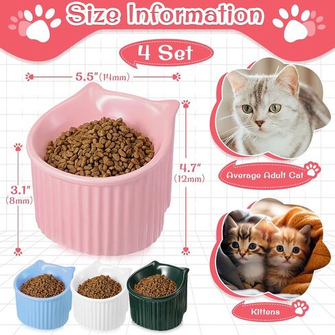 Uiifan 4 Pcs Ceramic Cat Bowl Elevated Slanted Cat Raised Food Bowl 25 Degree Tilted Anti Vomit Cat Water Bowl Feeder Protect Spine Stress Relief for Pet Cats Small Dogs Indoor Outdoor Use, Cat Shaped in Saudi Arabia