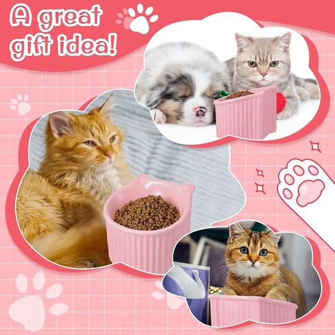 Uiifan 4 Pcs Ceramic Cat Bowl Elevated Slanted Cat Raised Food Bowl 25 Degree Tilted Anti Vomit Cat Water Bowl Feeder Protect Spine Stress Relief for Pet Cats Small Dogs Indoor Outdoor Use, Cat Shaped in Saudi Arabia