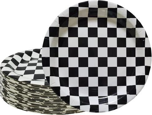 Visroco 24 Pcs 9 Inch Black & White Checkered Paper Plates,Racing Car Dessert Plates Racing Car Party Decorations Supplies Car Birthday Party Favors in Saudi Arabia