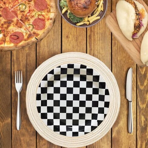 Visroco 24 Pcs 9 Inch Black & White Checkered Paper Plates,Racing Car Dessert Plates Racing Car Party Decorations Supplies Car Birthday Party Favors in Saudi Arabia