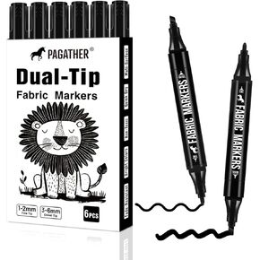 Fabric Markers Permanent for Clothes, 6 Pack Black Dual Tip with Fine and Chisel Tips Paint Pens for Clothing Canvas Tote Bags T-Shirt and Shoes, Non Toxic Ink for Kids and Adults