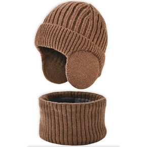 Exemaba Unisex Kids Earflap Beanie and Scarf Set 2pcs Winter Warm Knit Fleece Lined Skull Cap Neck Warmer for Boys Girls 2-8y