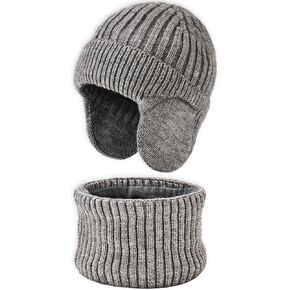 Exemaba للجنسين الاطفال Earflap قبعة ووشاح مجموعة 2PCS الشتاء الدافئة متماسكة الصوف مبطن الجمجمة قبعة الرقبة أكثر دفئا للبنين بنات 2-8y in Kuwait