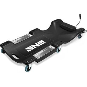 DNA MOTORING 40 Inch Low Profile Plastic Rolling Garage Shop Floor Creeper with LED Light, Padded Headrest, Dual Tool Trays, Casters, Black, TOOLS-00389-BK