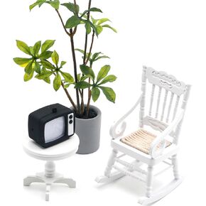 4 Piece Dollhouse Furniture Set, Modern Style Miniature Dollhouse Furniture, 1:12 Miniature Furniture Accessories Includes Small Table, Small Chair, Mini TV and Potted Plant, Suitable for Adults