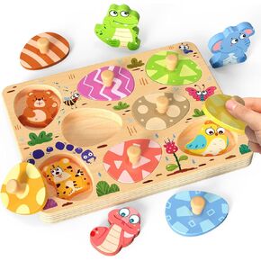 Wooden Puzzles for Toddlers, 8 Pcs Dinosaur Matching Egg Puzzle, Montessori Toys for Boy Girl Easter Birthday Gifts, Preschool Learning Activities & Educational Toys for Boys, Girls