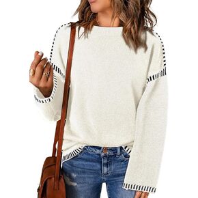 Dokotoo Sweaters for Women Fashion Solid Crewneck Loose Fit Long Sleeve Contrast Cable Knit Pullover Sweater Jumper Tops