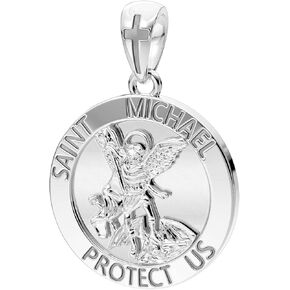 US Jewels Men's XL 925 Sterling Silver Saint Michael Medal Polished Finish Round Pendant, 33mm
