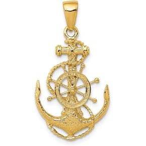 Solid 14k Yellow Gold Men's Medium Anchor Wheel Pendant Charm - 31mm x 17mm