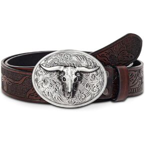 Western Cowboy Belt for Men Women, Leather Bull Buckle Belts for Jeans