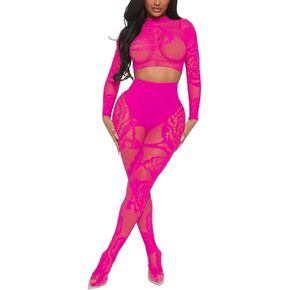 Women's Sexy Fishnet Seamless 2 Piece Outfits Mock Neck Long Sleeve Crop Top Legging Set Club Lingerie Sets