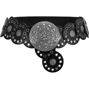XZQTIVE Women's Boho Disc Belt Western Leather Belt Vintage Concho Belt Wide Cowgirl Belt for Dress Jeans with Metal Buckle