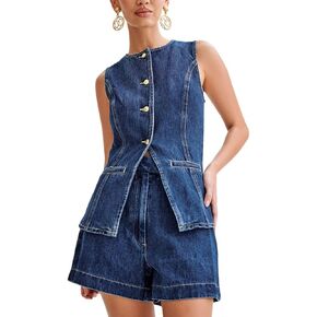 ELFTOWN Women's Denim 2 Piece Outfits Casual Button Down Sleeveless Top Trendy High Waist Jean Shorts
