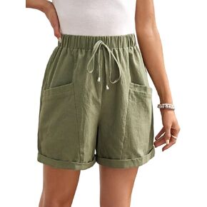 OYOANGLE Women's Elastic High Waist Tie Front Wide Leg Shorts Roll Up Hem Shorts with Pocket