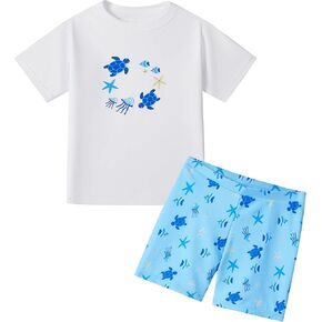 Boys Two Piece Rash Guard Swimsuits Kids Short Sleeve Swimwear Sets with UPF 50+ Sun Protection Bathing Suit for 2-8 Years