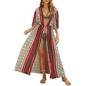 AILUNSNIKA Sexy Black See Through Backless Lace Beachwear Cover Up Loose Plus Size V Neck Long Sleeve Kaftan Dress