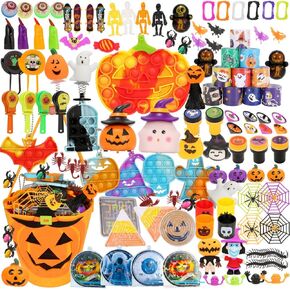 140PCS Halloween Party Favors for Kids, Bulk Halloween Premium Toys with Pumpkin Buckets, Halloween Non-Candy Treats Basket Filler for Trick or Treat, Halloween Goodies Bag Stuffers