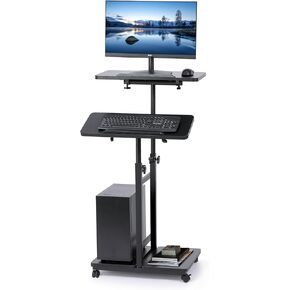 Mobile Laptop Stand Desk, Standing or Sitting Rolling Computer Cart with Tower Stand, Adjustable Height 27.5" to 47.2" Portable Laptop Table Home Office Computer Workstation, Locking Wheels