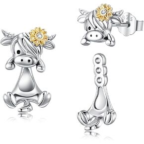 MONGAS Highland Cow Earrings Sterling Silver Cow Earring Jackets Highland Cow Jewelry for Women