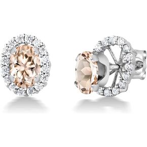 Gem Stone King 925 Sterling Silver Oval Peach Morganite Removable Jacket Stud Halo Earrings for Women | Oval 7X5MM | Gemstone Birthstone | 1.30 Cttw