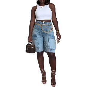Vaceky Women's Long Jean Shorts Side Cargo Pocket Straight Leg Baggy Denim Shorts