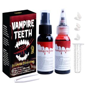 Vampire Teeth Blood for Halloween Decorations: Vampire Fangs Vampire Blood spray and drop for Cosplay Accessories all in one package. Halloween Decor, Halloween Accessories.