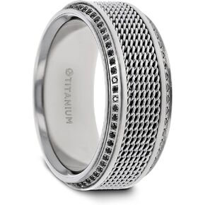 Gauntlet | Titanium Rings for Men | Lightweight Titanium | Comfort Fit | Steel Chain Titanium Wedding Ring Polished Beveled Edges Set with Round Black Diamonds - 10 mm