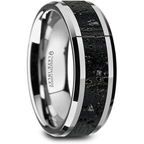 Mens Black & Gray Lava Rock Stone Inlay Tungsten Wedding Ring - Polished Beveled Edges Comfort Fit - 8mm Wide - Style Name: Kilauea