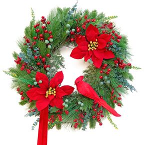 Christmas Wreaths for Front Door 24 Inch Christmas Door Wreath Outdoor Winter Wreath with Red Flowers and Cardinal,Green Evergreen Pine Needles Red Berries Wreath